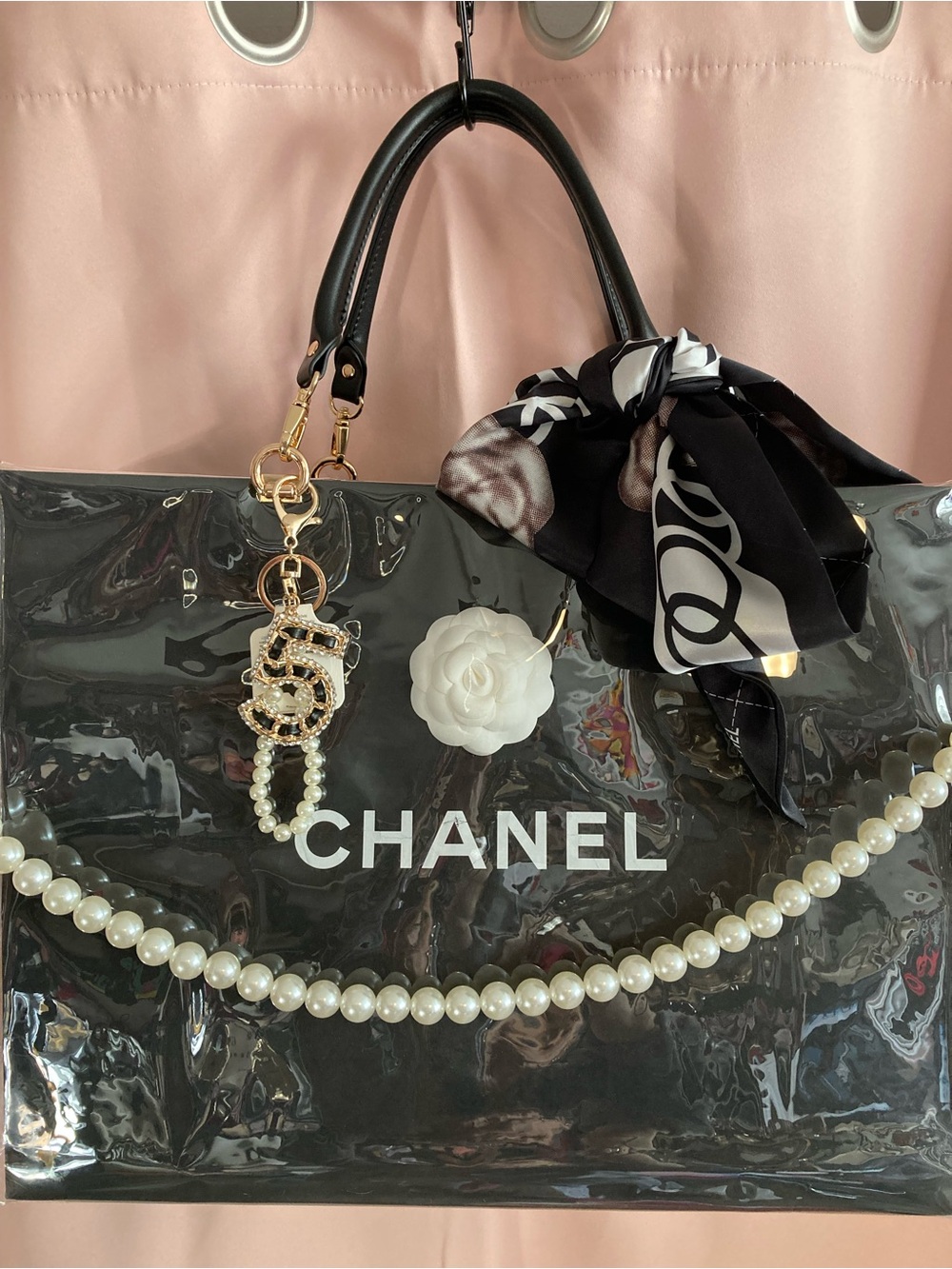 CHANEL Black Patent PVC Shopping Bag with Pearl Handle Accent large tote - Picture 4 of 4